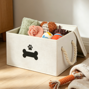 Dog toy storage basket with lid, cotton rope handle, foldable pet storage basket, beige