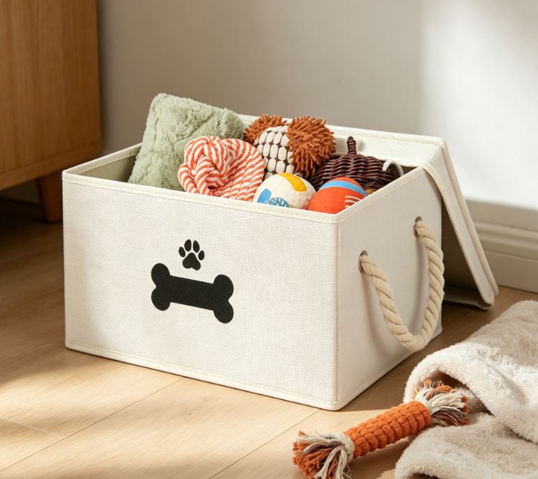 Dog toy storage basket with lid, cotton rope handle, foldable pet storage basket, beige