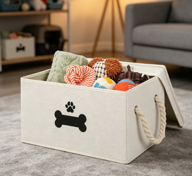 Dog toy storage basket with lid, cotton rope handle, foldable pet storage basket, beige - Image 2