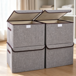 Linen foldable storage box with flip-top lid, four-piece set, clothing and blanket organizer, grey