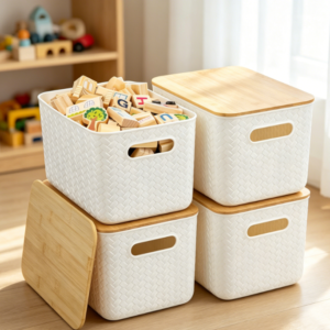 Multi-functional storage box with lid, stackable plastic organizer, home desktop storage basket, white