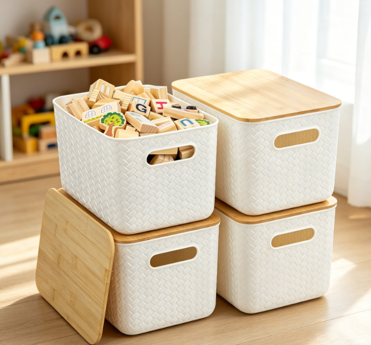 Multi-functional storage box with lid, stackable plastic organizer, home desktop storage basket, white
