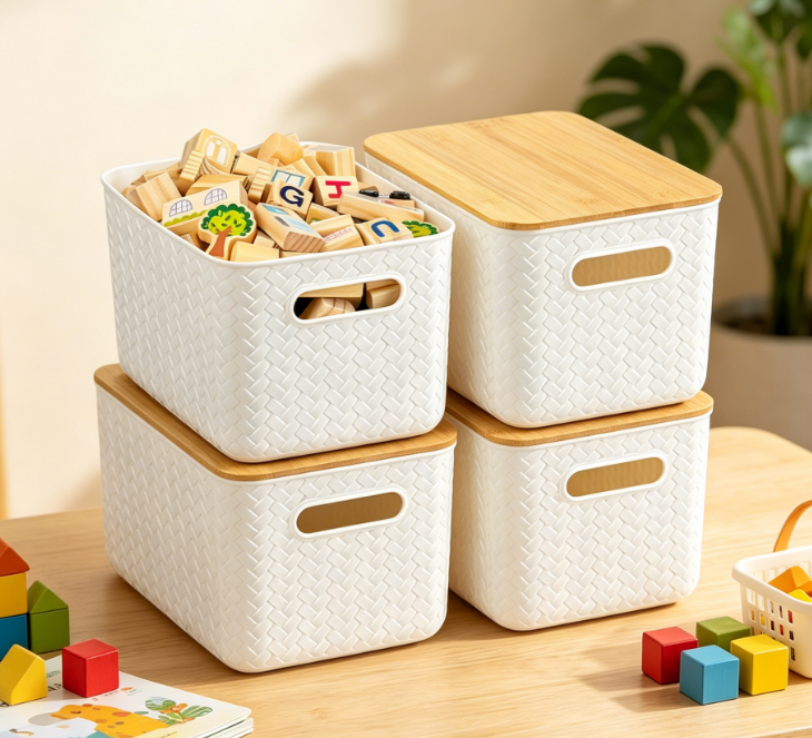 Multi-functional storage box with lid, stackable plastic organizer, home desktop storage basket, white - Image 2