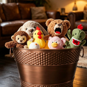 Metal pet toy storage bucket, round and sturdy structure, living room storage decoration style