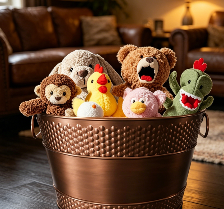 Metal pet toy storage bucket, round and sturdy structure, living room storage decoration style