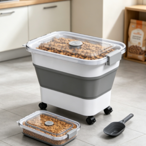 Foldable Pet Food Storage Box, Sealed and Moisture-Proof, Wheeled Mobile Food Storage Bucket