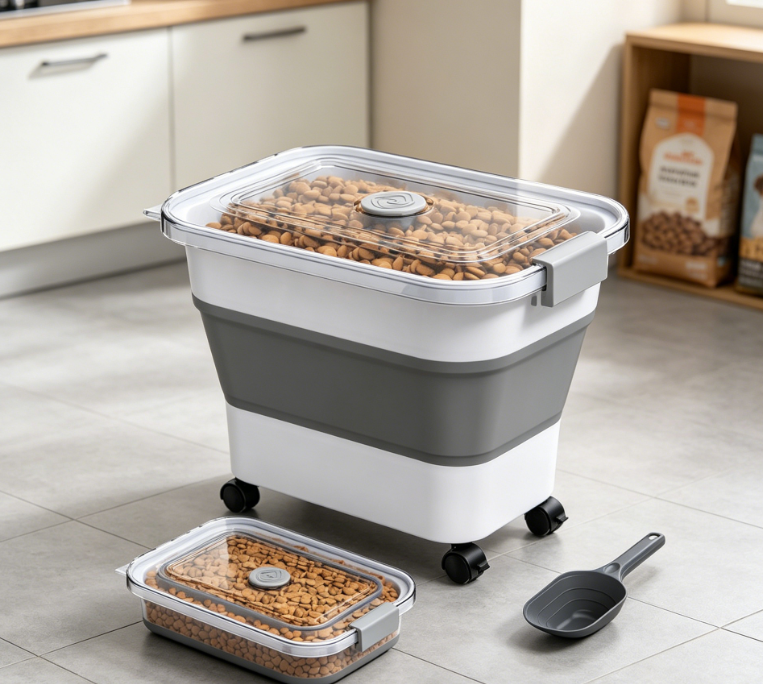Foldable Pet Food Storage Box, Sealed and Moisture-Proof, Wheeled Mobile Food Storage Bucket