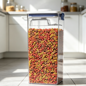 Small pet food airtight storage box with measuring spoon, transparent food container