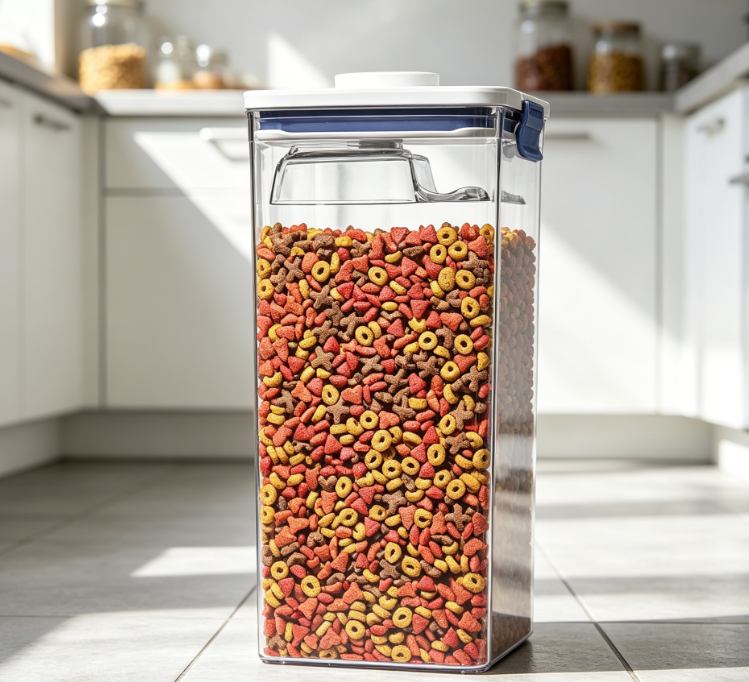 Small pet food airtight storage box with measuring spoon, transparent food container