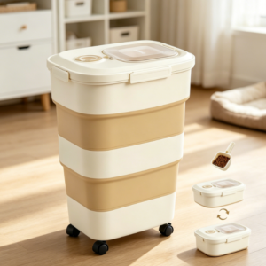 Large capacity foldable pet food storage box with wheels, portable moisture-proof container