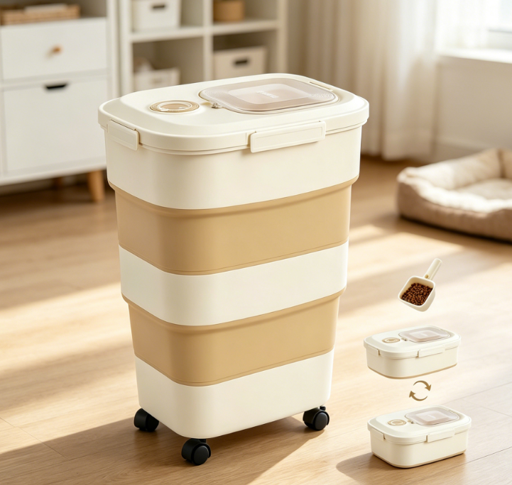 Large capacity foldable pet food storage box with wheels, portable moisture-proof container