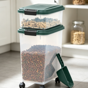 Multi-layer stackable pet food storage box, portable moisture-proof storage container with wheels