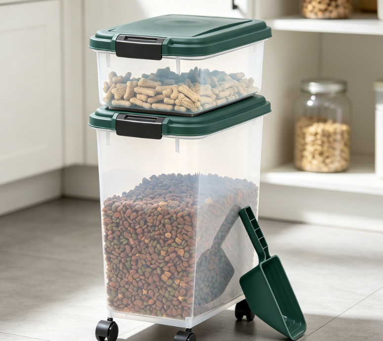 Multi-layer stackable pet food storage box, portable moisture-proof storage container with wheels