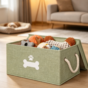 Rectangular waterproof pet storage basket with handle, dog toy storage box, home organization style
