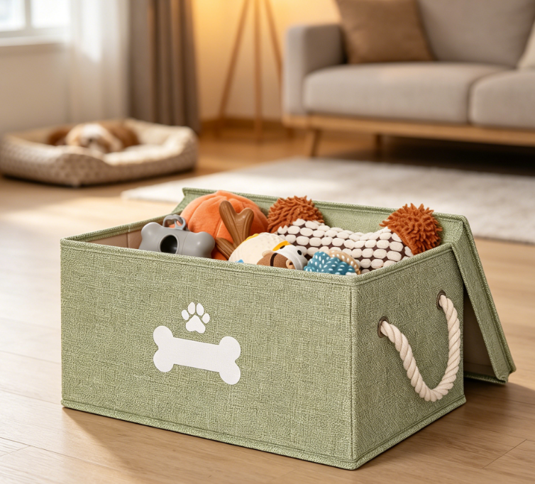 Rectangular waterproof pet storage basket with handle, dog toy storage box, home organization style