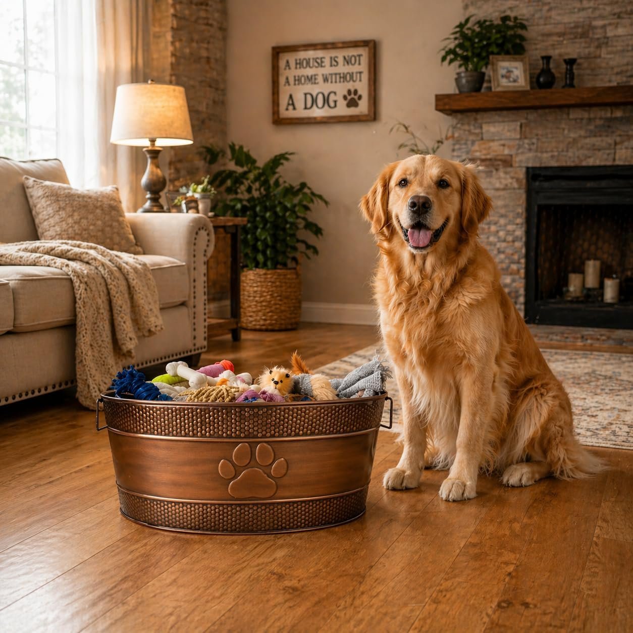 Copper-Colored Metal Reinforced Pet Storage Bucket with Handle, Large Capacity Storage Box - Image 2