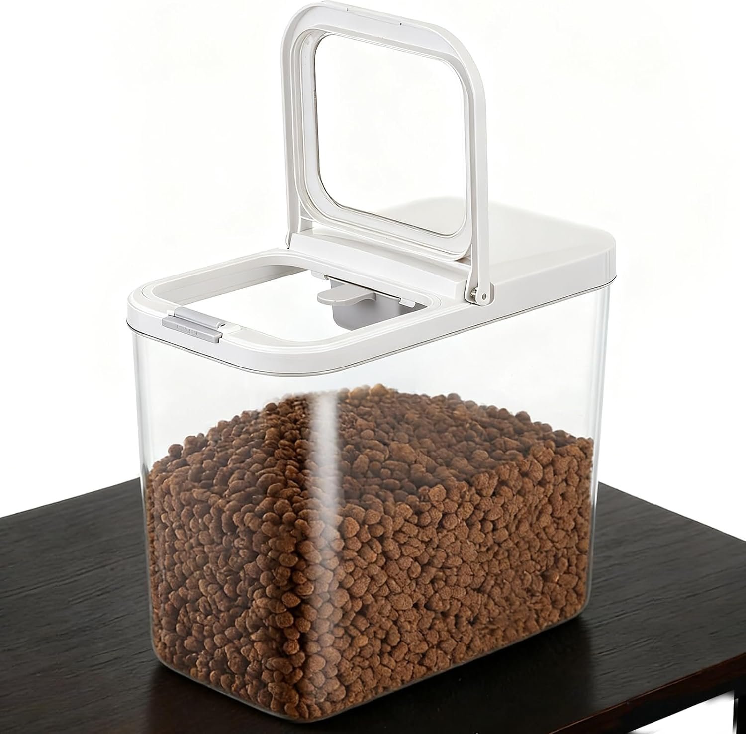 Transparent pet food storage box with measuring spoon, airtight moisture-proof storage container