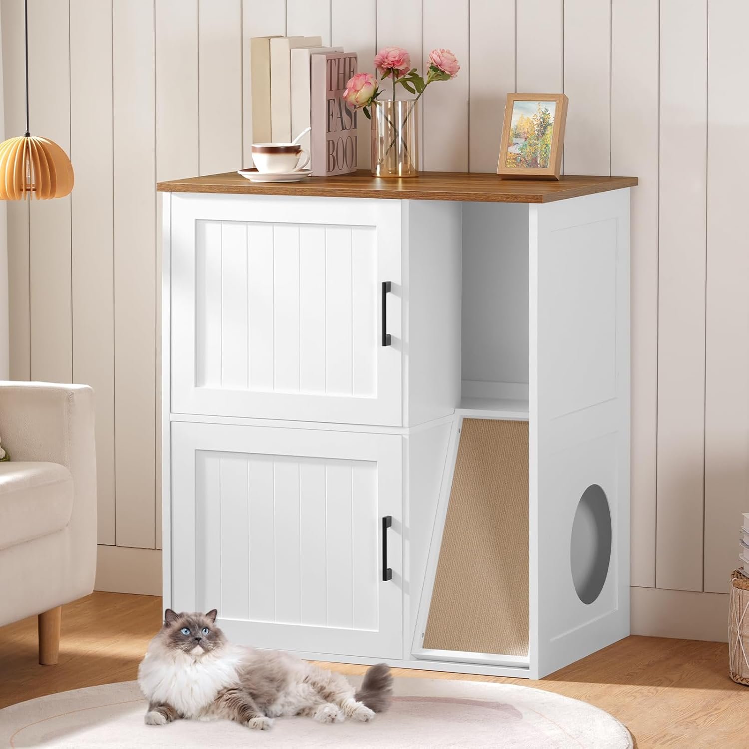 Hidden cat litter box cabinet, double design, multi-functional cat litter furniture style, white/walnut - Image 2