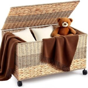 Large capacity rattan storage box, wheeled storage box, wooden style storage cabinet