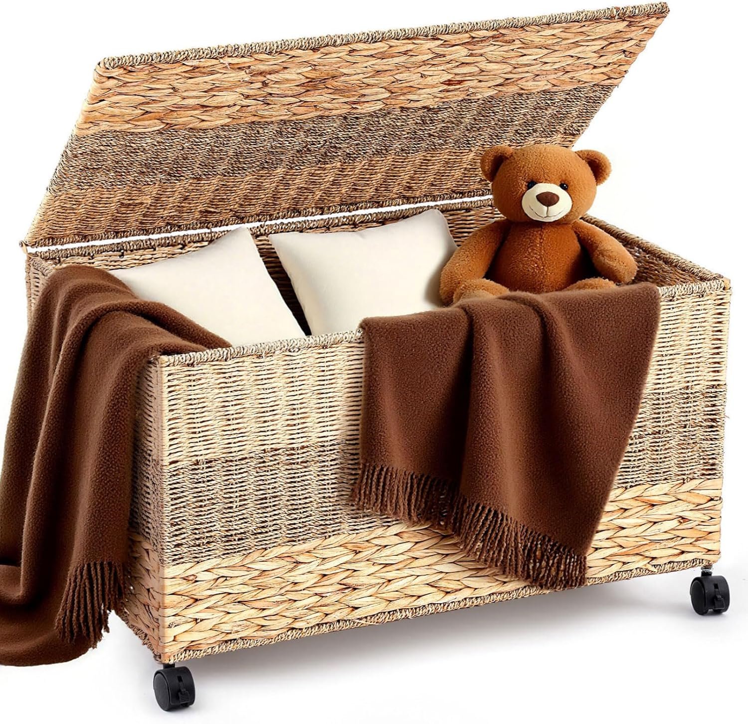 Large capacity rattan storage box, wheeled storage box, wooden style storage cabinet