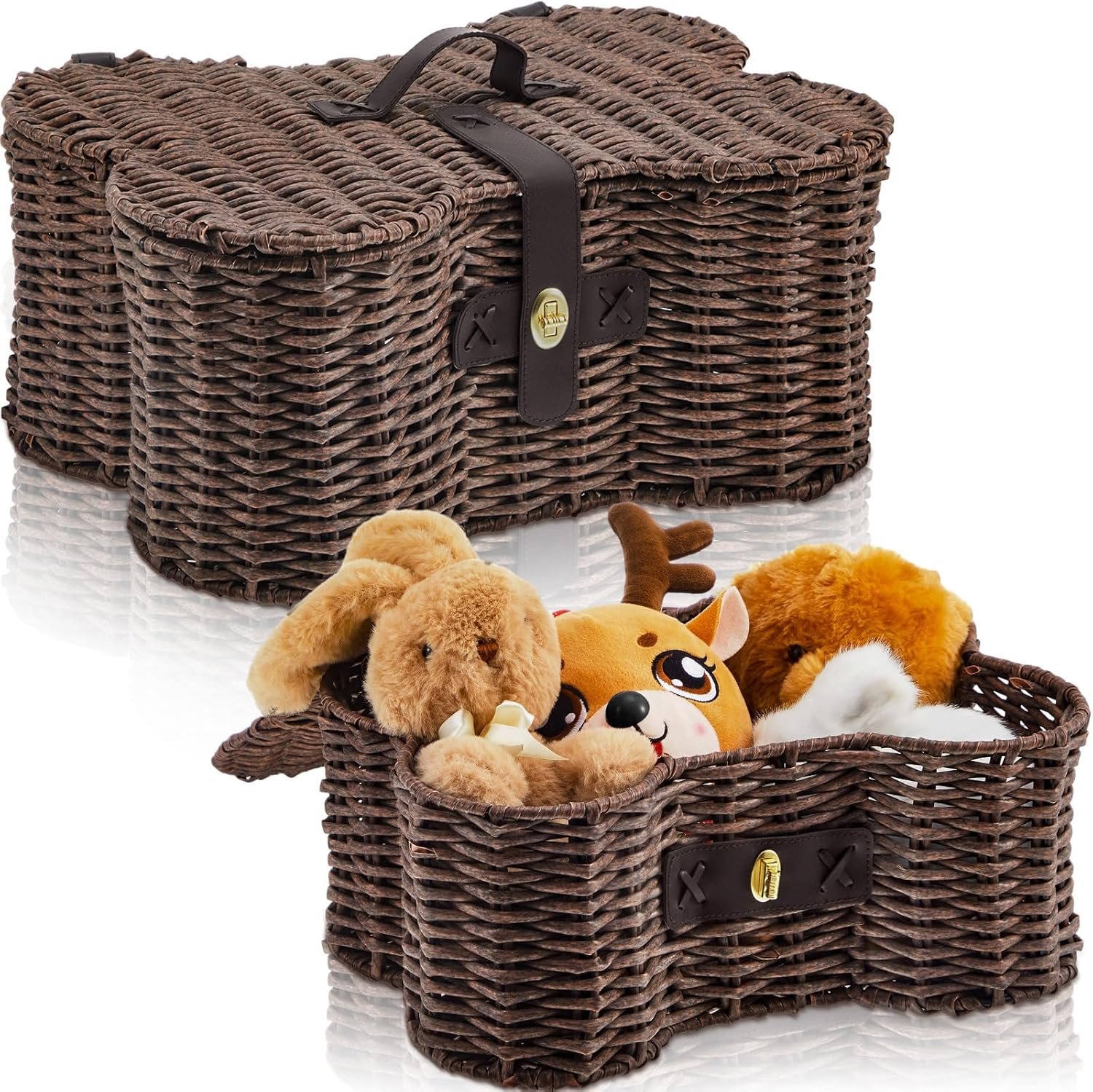 Bone-Shaped Rattan Pet Storage Box, Hand-Woven with Lid, Pet Grooming Basket