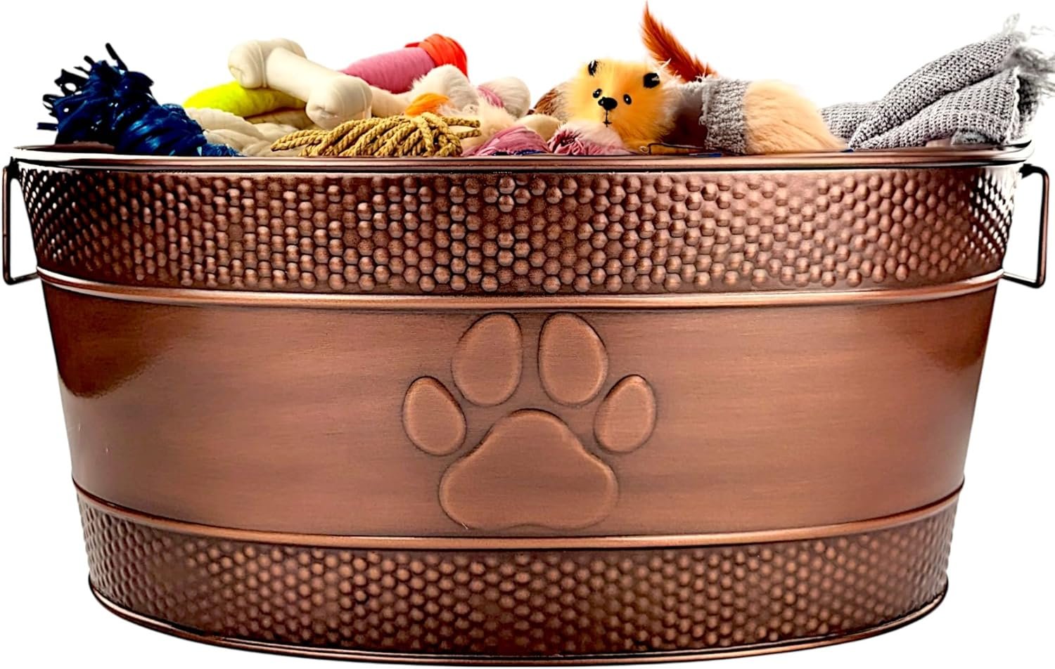 Copper-Colored Metal Reinforced Pet Storage Bucket with Handle, Large Capacity Storage Box